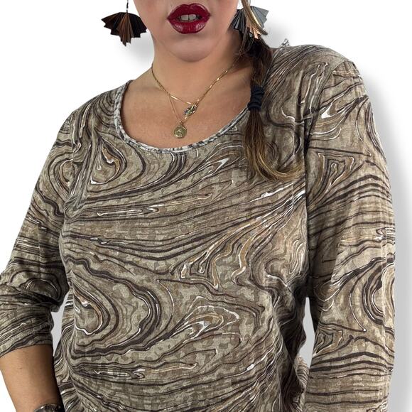 90's tan trippy swirl camo cotton blend scoop neck semi sheer blouse by FRESH - Picture 15 of 16